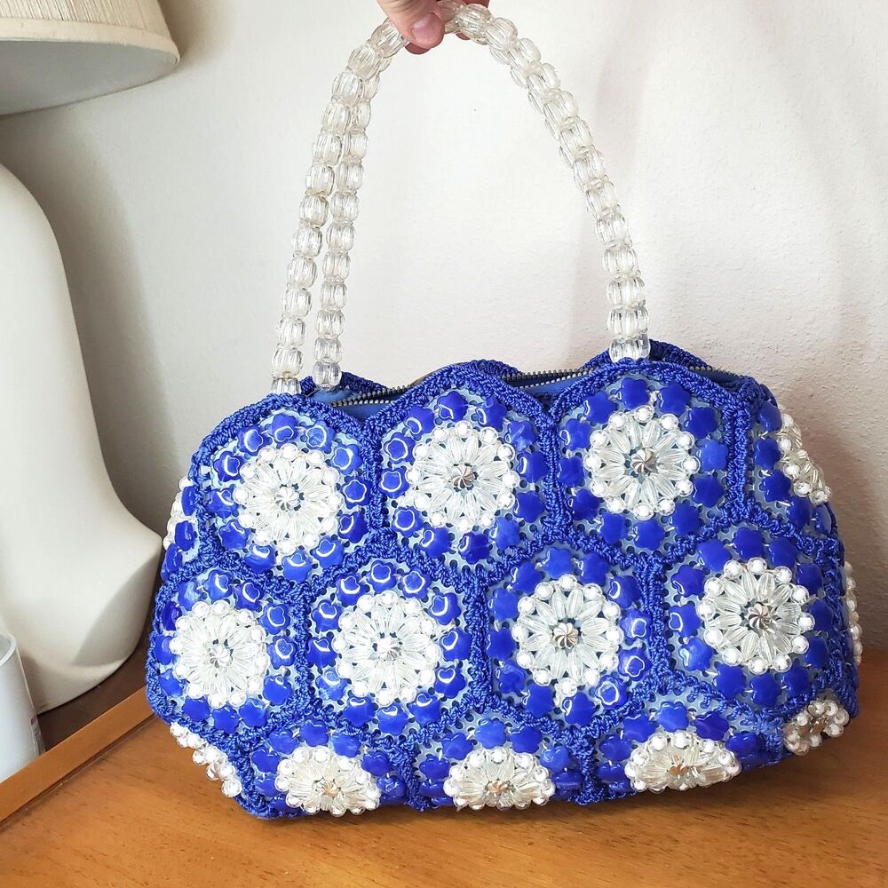 VTG Handmade Beaded Purse Blue White Flowers Hand Bag Spring Summer Retro Unique